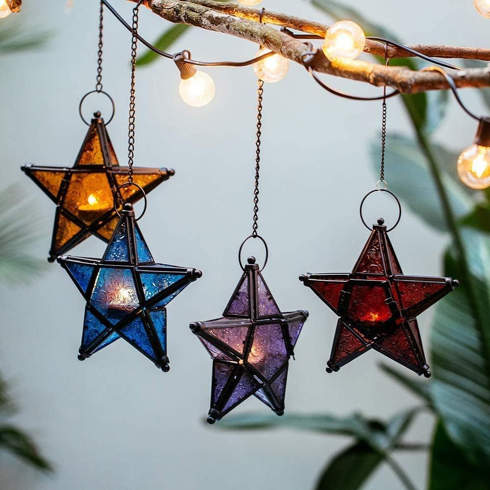 Glass Star Lantern Hanging Ornaments - Tea Light Lantern Window Hangings Patio Balcony Living Room Decoration Vintage, Orange + Red