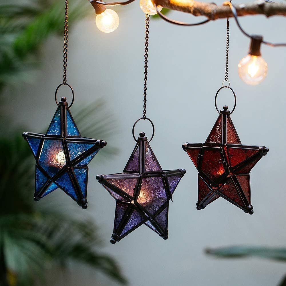Glass Star Lantern Hanging Ornaments - Tea Light Lantern Window Hangings Patio Balcony Living Room Decoration Vintage, Orange + Red