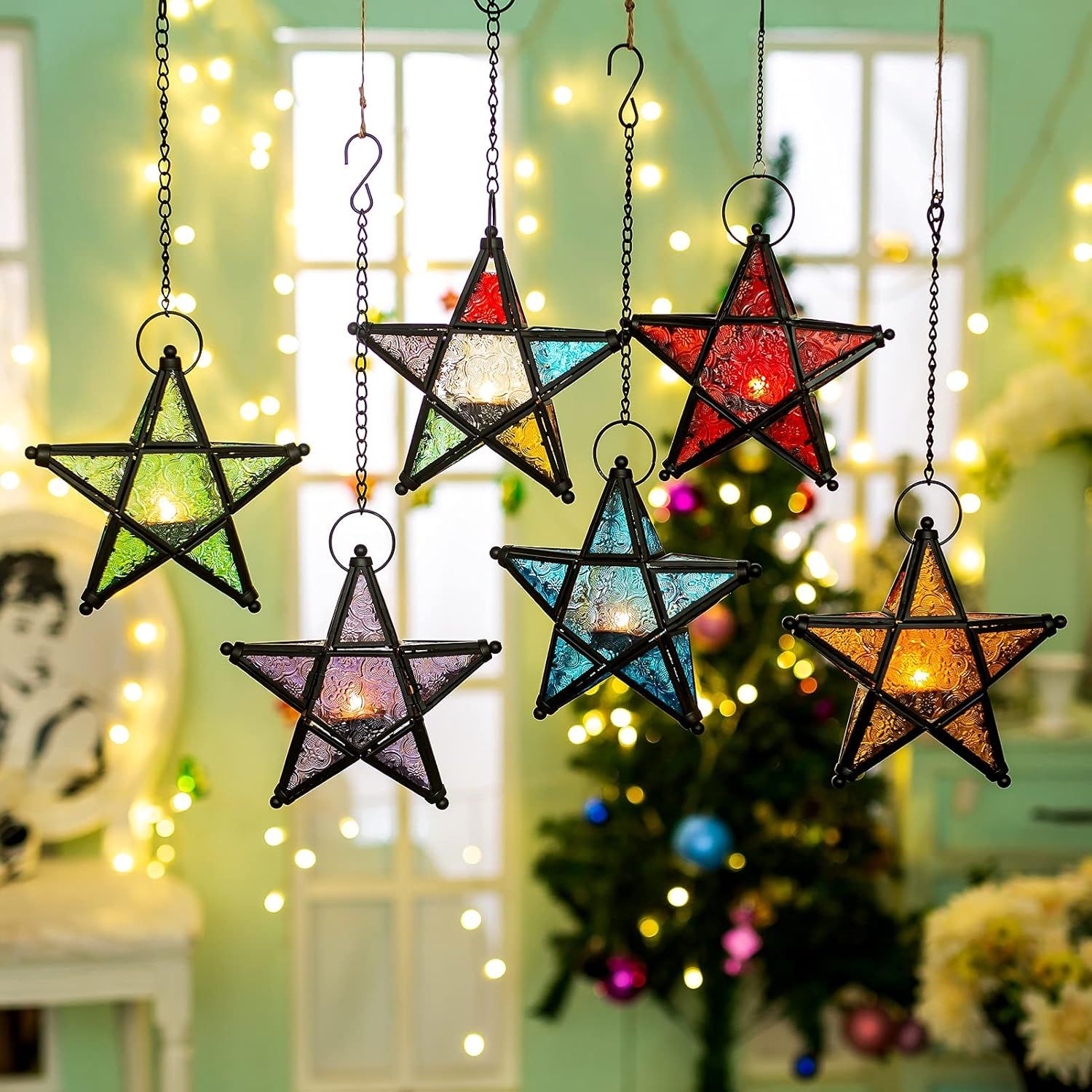 Glass Star Lantern Hanging Ornaments - Tea Light Lantern Window Hangings Patio Balcony Living Room Decoration Vintage, Orange + Red