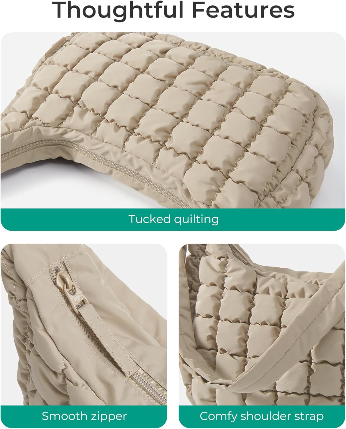 Quilted Crossbody Bag for Women, Lightweight Puffer Purse for Travel, Daily Use & Work | Water-resistant, Puffy Shoulder Bag, w/ Adjustable Strap, Light & Comfortable, Hands-free Bags, Travel Essentials