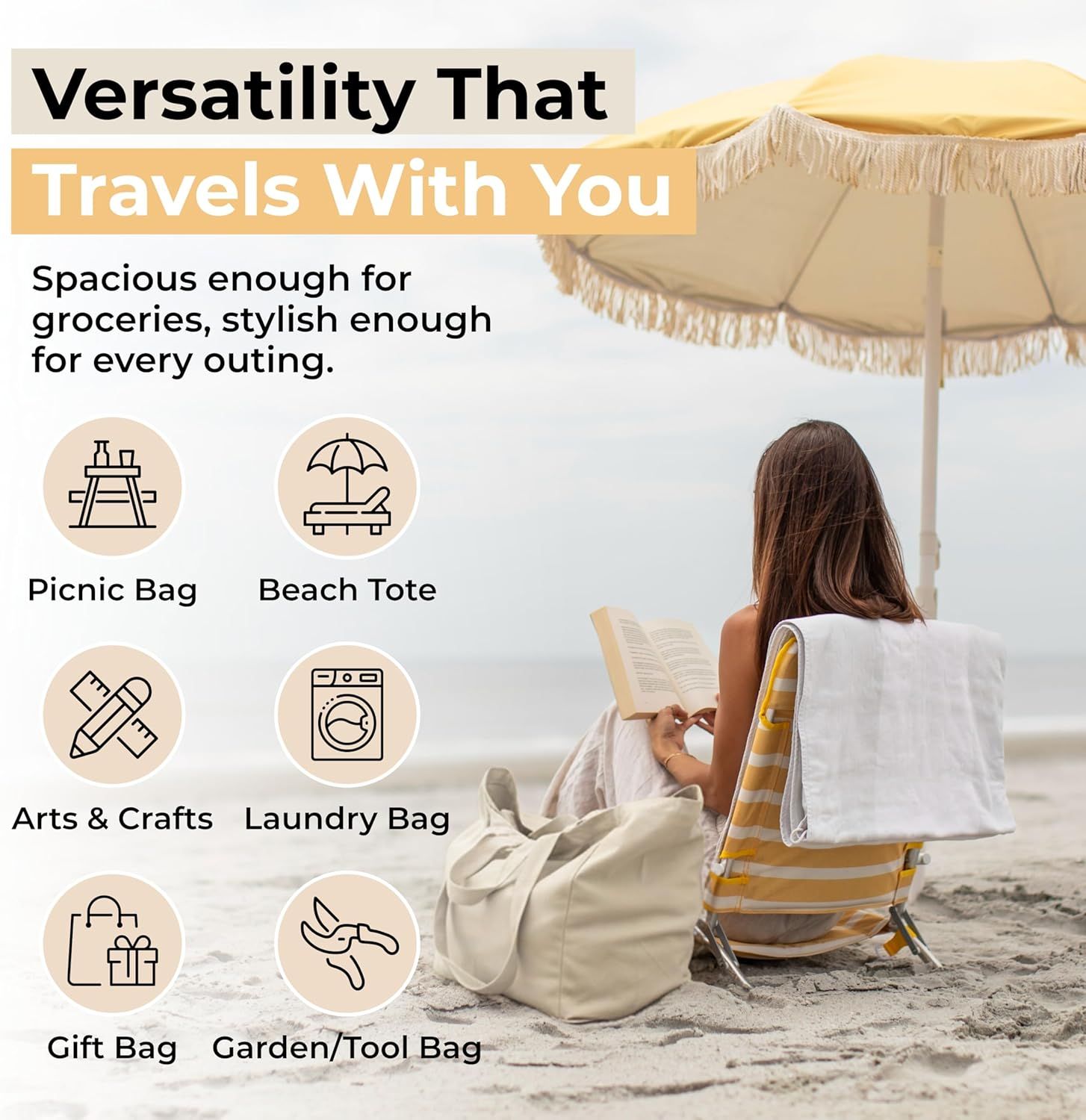 Canvas Grocery Bag 3pc XL Set with Real Pockets, Long Shoulder Strap and Short Handle. Heavy Duty, Foldable, Washable