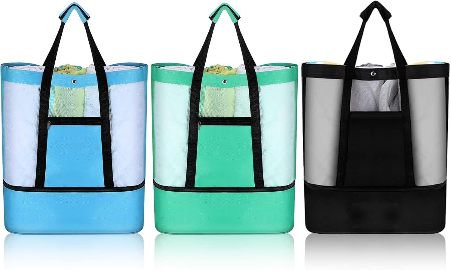 3 Pcs Beach Bag with Cooler Mesh Beach Tote with Insulated Cooler and Pocket Waterproof Sandproof Beach Tote Bag Swim Pool Bag for Women Summer Black, Blue and Green