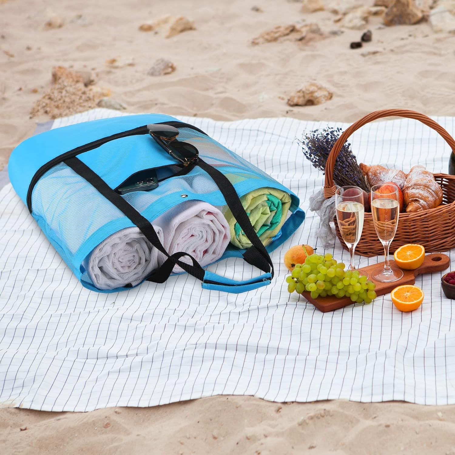 3 Pcs Beach Bag with Cooler Mesh Beach Tote with Insulated Cooler and Pocket Waterproof Sandproof Beach Tote Bag Swim Pool Bag for Women Summer Black, Blue and Green