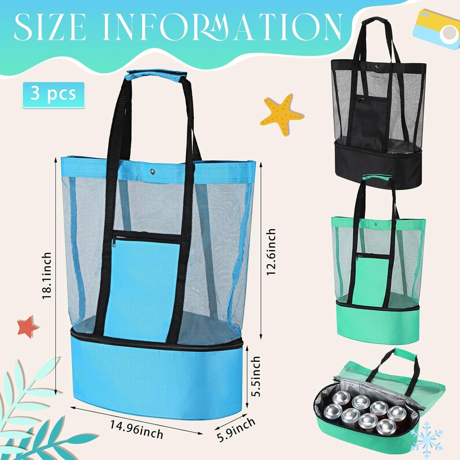 3 Pcs Beach Bag with Cooler Mesh Beach Tote with Insulated Cooler and Pocket Waterproof Sandproof Beach Tote Bag Swim Pool Bag for Women Summer Black, Blue and Green