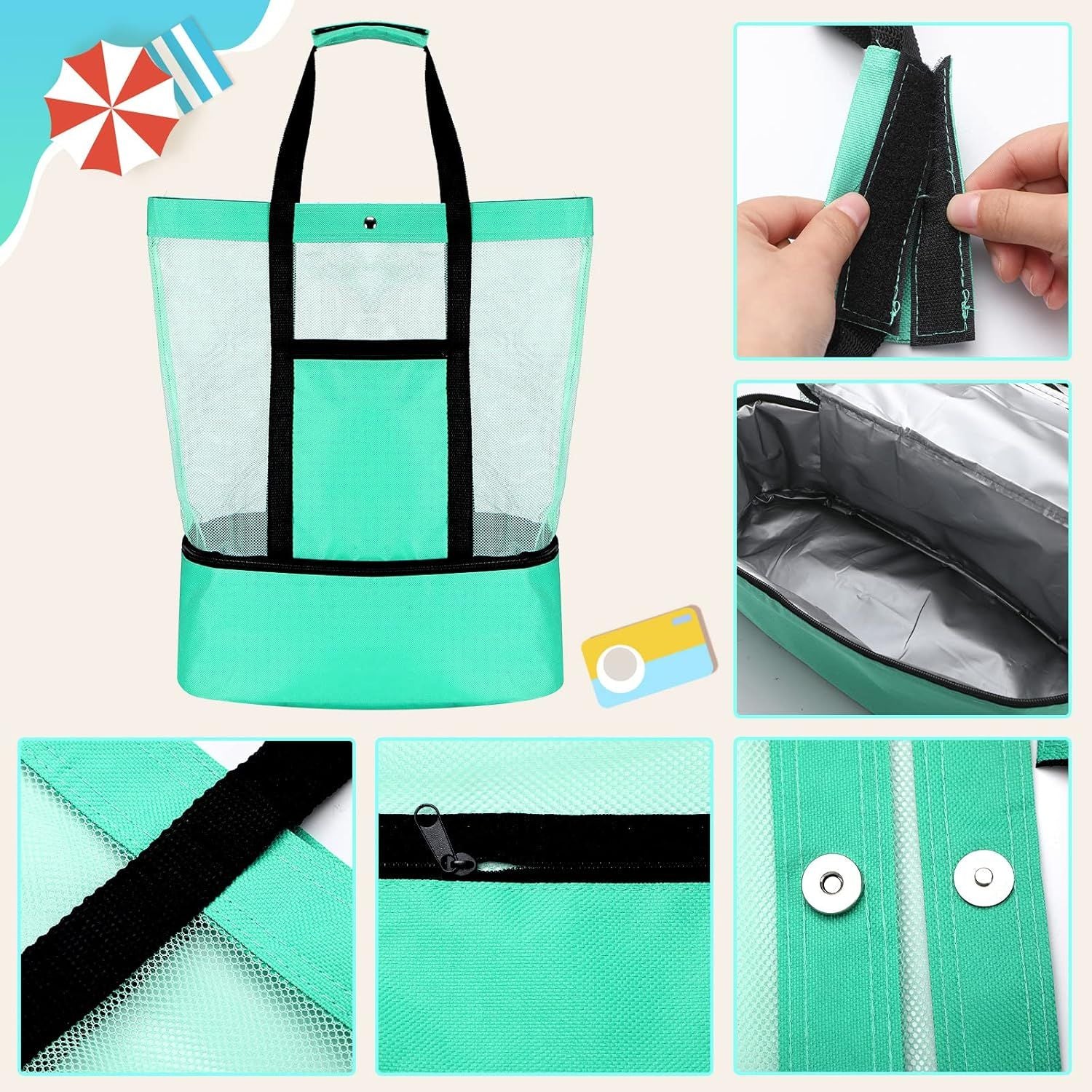 3 Pcs Beach Bag with Cooler Mesh Beach Tote with Insulated Cooler and Pocket Waterproof Sandproof Beach Tote Bag Swim Pool Bag for Women Summer Black, Blue and Green