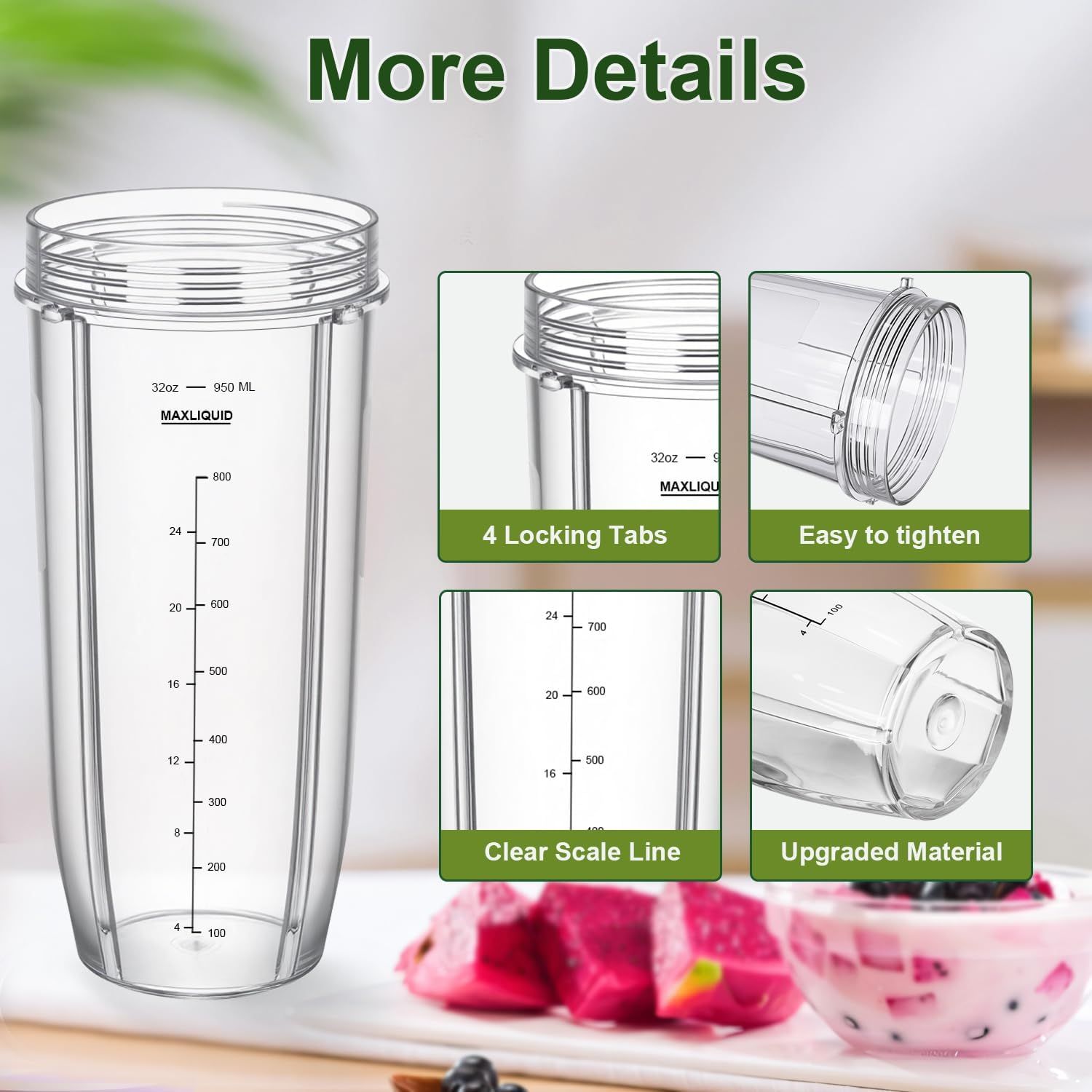 Blender Cups Replacement Parts for Ninja, 32oz Cups with Sip & Seal Lids,Compatible with Ninja Auto IQ Blender BL450 BL480 BL642 BL680 BN801 SS101 SS151