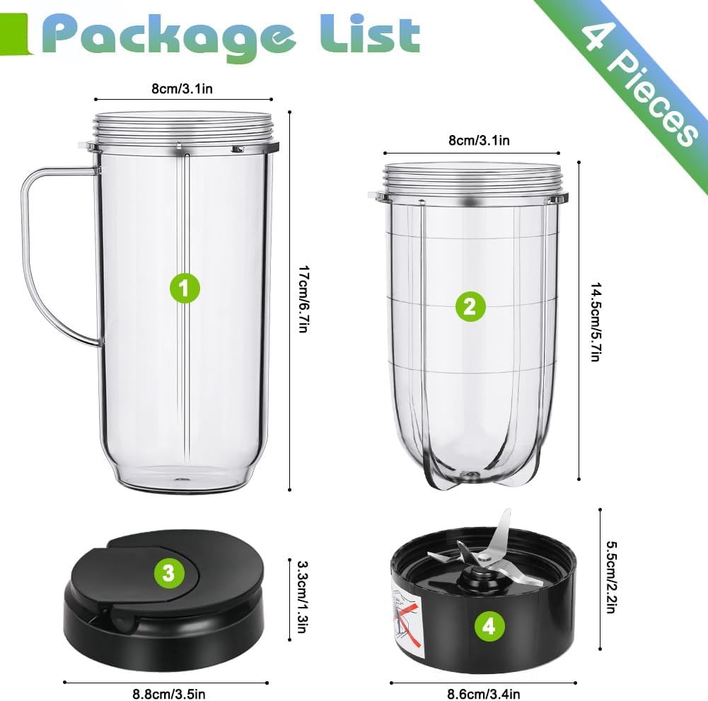 2 Pack Replacement Blender Cups set for magic bullet ，22oz Tall Cup with Flip Top To-Go Lid，16oz Replacement Cup with Cross Blade Replacement Parts Compatible with 250W Magic Bullet MB1001