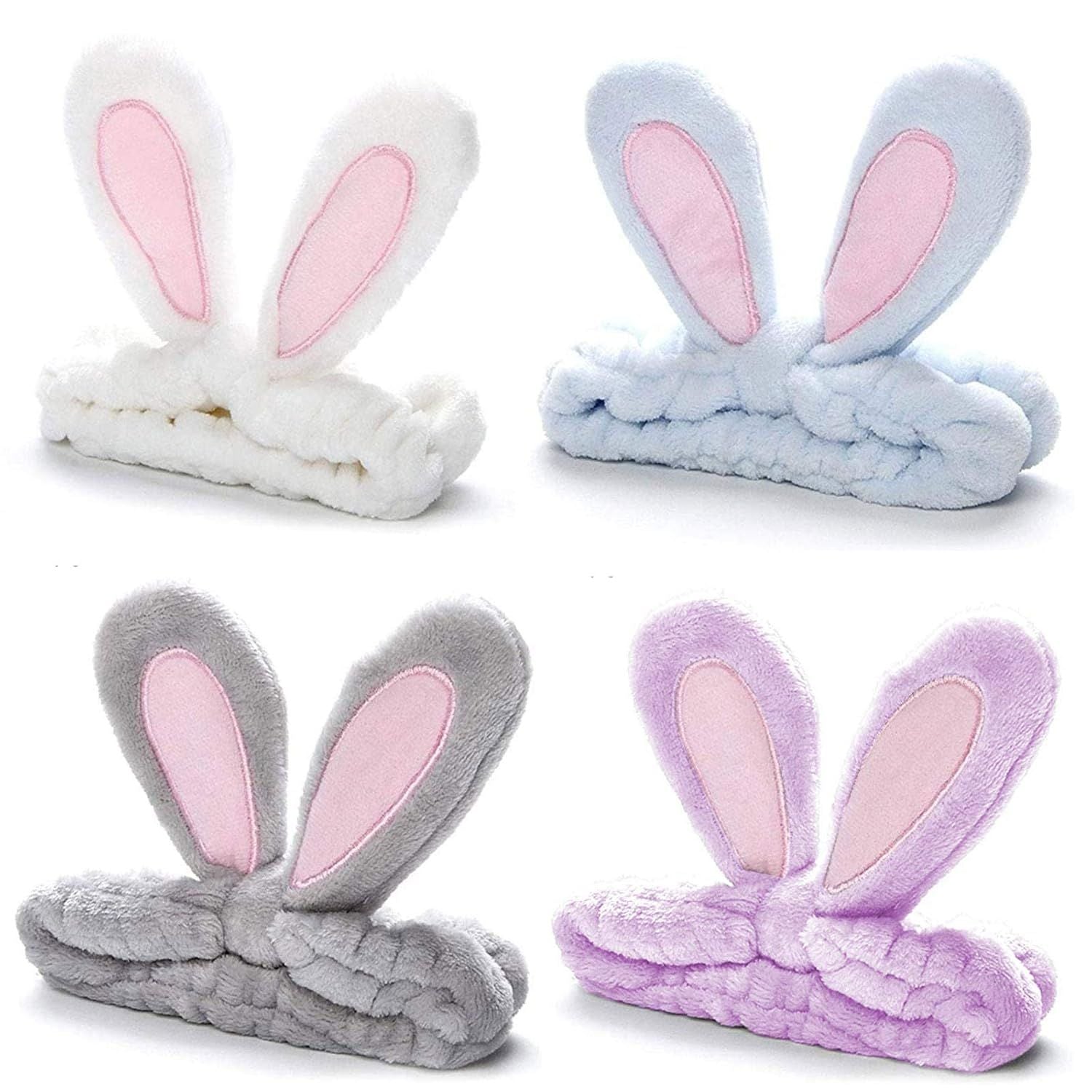 4 Pack Easter Bunny Makeup Headband Rabbit Ear Spa Hair Band Coral Fleece Elastic Head Wrap Stretchy Headband for Party Face Washing Beauty Shower Women Girls Blue, White, Gray, Purple