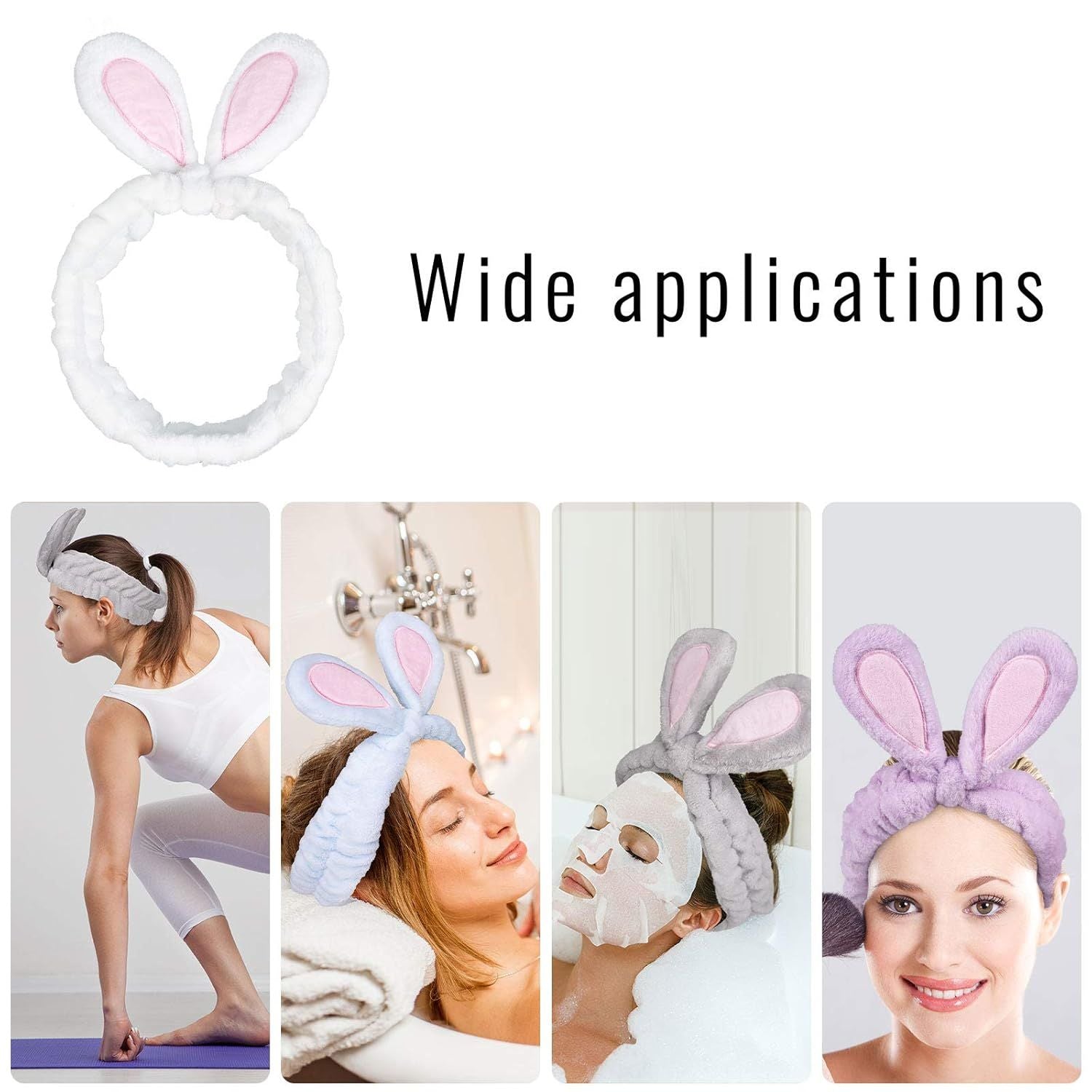 4 Pack Easter Bunny Makeup Headband Rabbit Ear Spa Hair Band Coral Fleece Elastic Head Wrap Stretchy Headband for Party Face Washing Beauty Shower Women Girls Blue, White, Gray, Purple