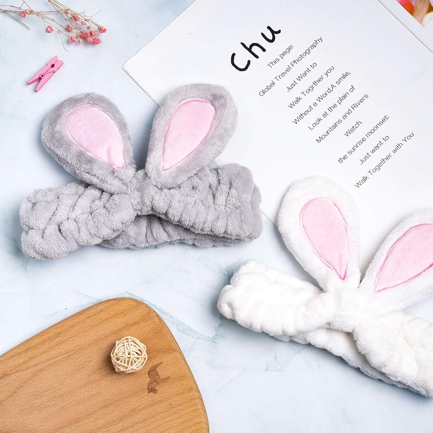 4 Pack Easter Bunny Makeup Headband Rabbit Ear Spa Hair Band Coral Fleece Elastic Head Wrap Stretchy Headband for Party Face Washing Beauty Shower Women Girls Blue, White, Gray, Purple