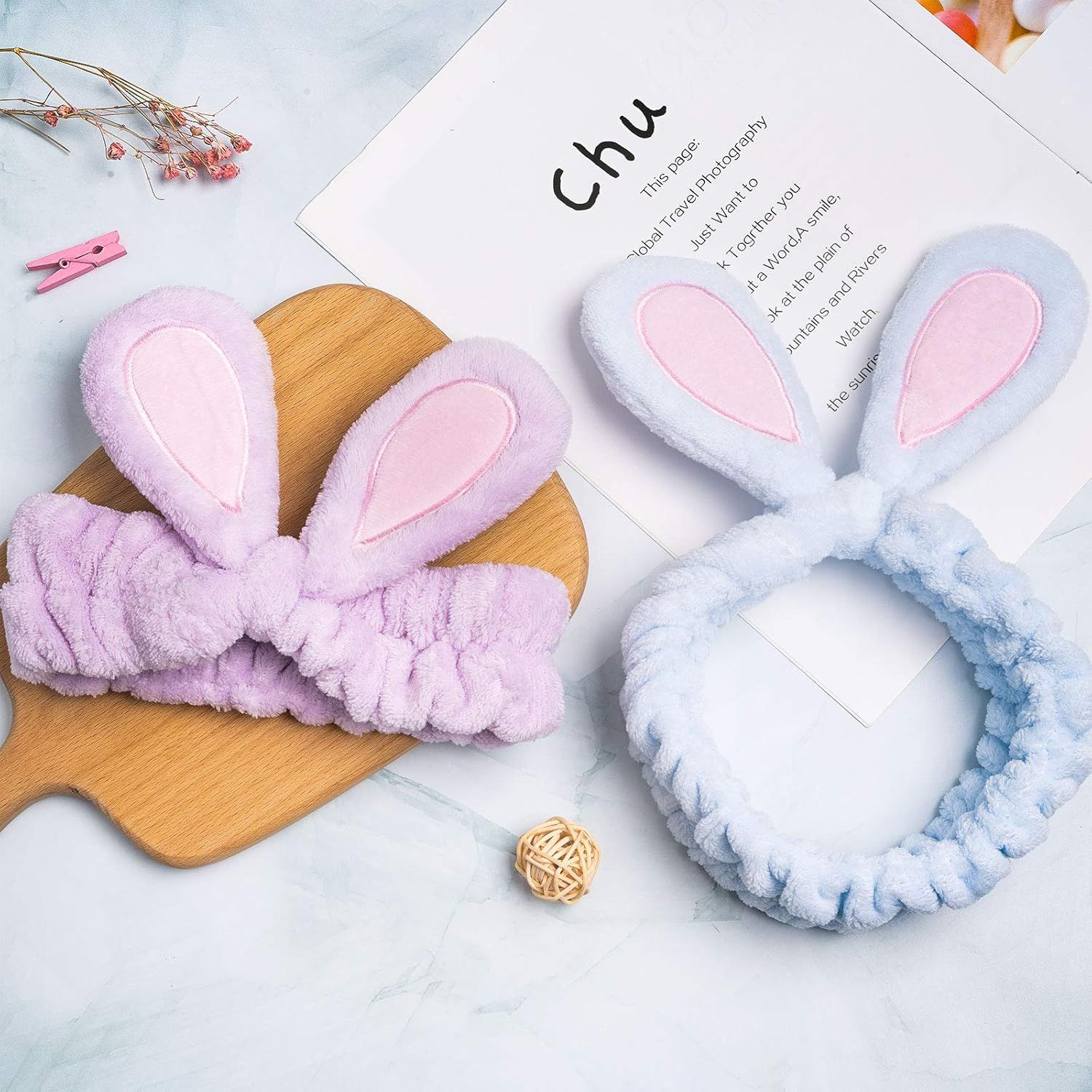 4 Pack Easter Bunny Makeup Headband Rabbit Ear Spa Hair Band Coral Fleece Elastic Head Wrap Stretchy Headband for Party Face Washing Beauty Shower Women Girls Blue, White, Gray, Purple