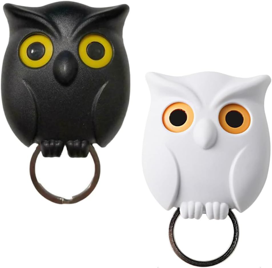 Owl Key Holder, Night Owl Magnetic Wall Key Holder Owl Key Hooks, Automatic Open Close Eyes Owl Key Holder with Wall Self-Adhesive Tape Black+White