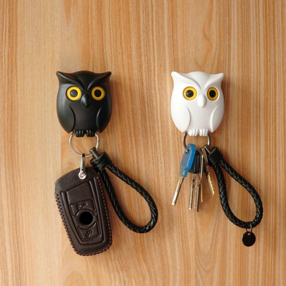 Owl Key Holder, Night Owl Magnetic Wall Key Holder Owl Key Hooks, Automatic Open Close Eyes Owl Key Holder with Wall Self-Adhesive Tape Black+White
