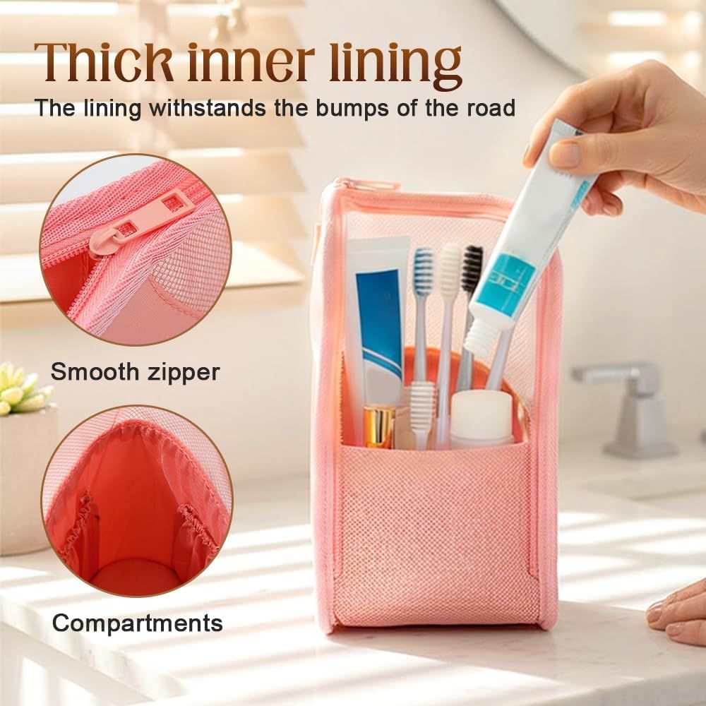 Standing Toiletry Bag, 2026 New Portable Lightweight Travel Toiletry Bag Nylon Travel Toothbrush Storage Hanging Travel Toiletry Bags for Cosmetic, Toothbrush, Toothpaste 1, Pink