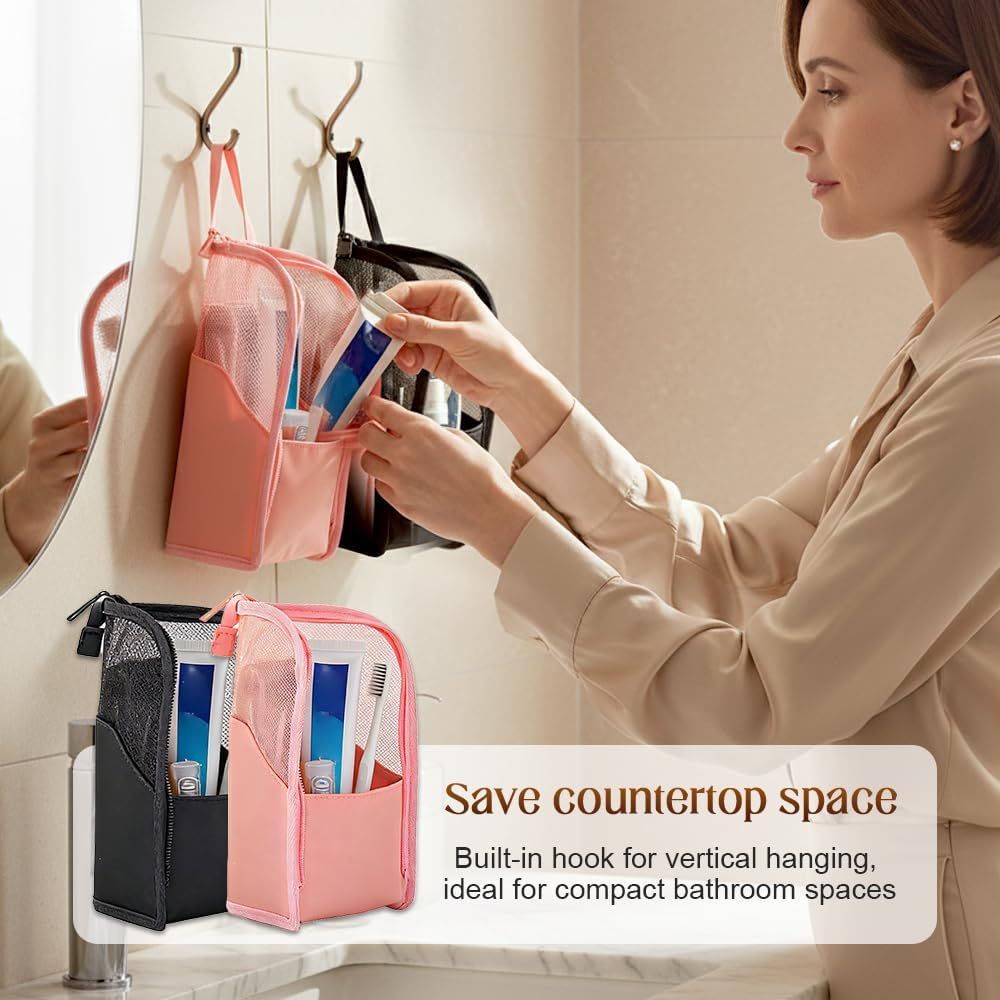 Standing Toiletry Bag, 2026 New Portable Lightweight Travel Toiletry Bag Nylon Travel Toothbrush Storage Hanging Travel Toiletry Bags for Cosmetic, Toothbrush, Toothpaste 1, Pink