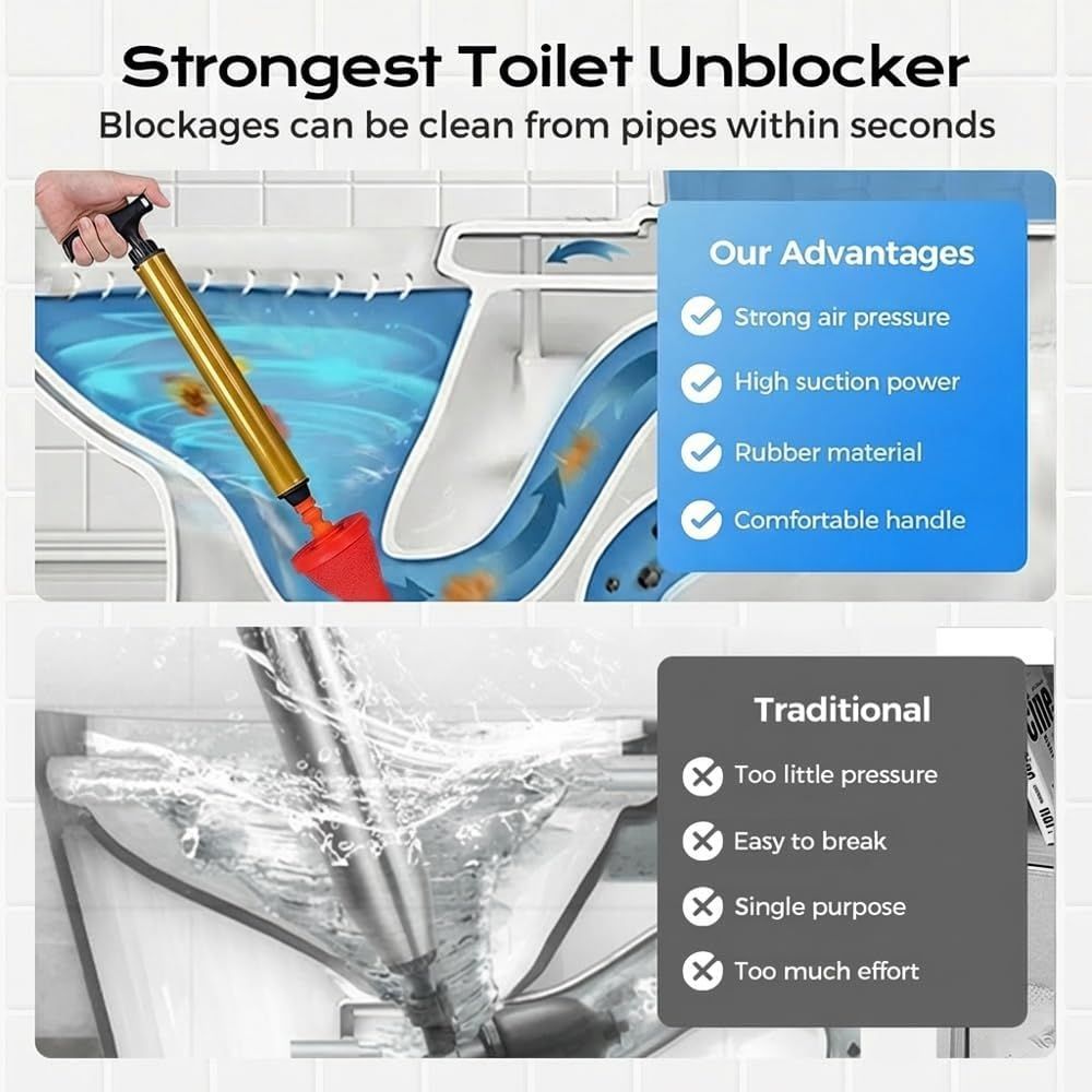 Multipurpose Household High Pressure Toilet Plunger, 2026 Upgraded Powerful Air Drain Unclogger Heavy Duty Plunger Auger Clog Remover Tool for Toilet Bathroom Drains 1 Pc