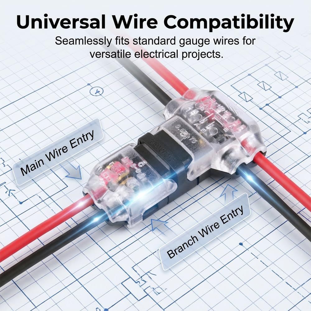 Wire Plug in Connector with Locking Buckle, 2026 New Low Voltage Wire Connectors Quick Solderless T Tap Connector No Wire Stripping 3 Way 2-Pin for 18-22 AWG Wires 20, 1 Pin