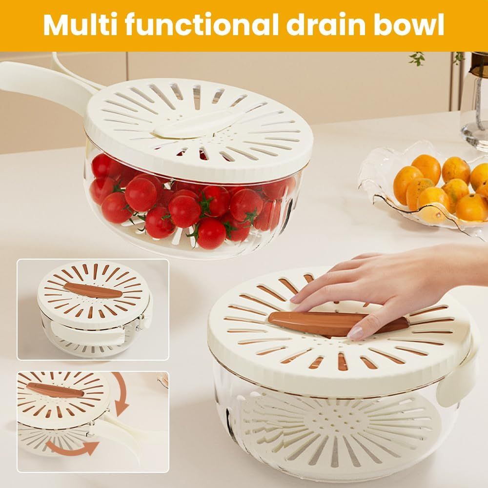 2-in-1 Draining and Preservation Basket, 2026 Upgraded Multifunctional Fruit and Vegetable Washing Bowl with Handle Fruit Strainer Container with Lid for Kitchen, Fridge, Picnic, Camping Brown