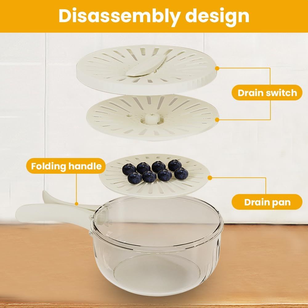 2-in-1 Draining and Preservation Basket, 2026 Upgraded Multifunctional Fruit and Vegetable Washing Bowl with Handle Fruit Strainer Container with Lid for Kitchen, Fridge, Picnic, Camping Brown