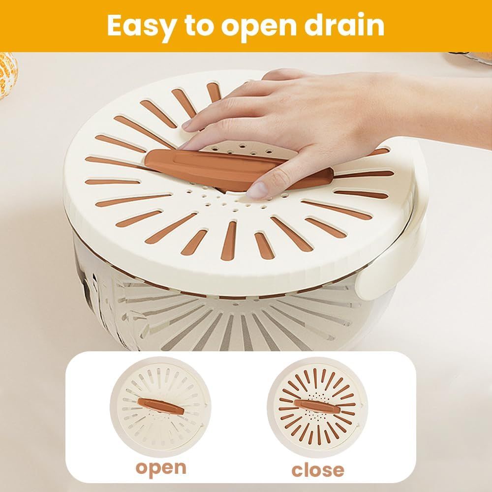 2-in-1 Draining and Preservation Basket, 2026 Upgraded Multifunctional Fruit and Vegetable Washing Bowl with Handle Fruit Strainer Container with Lid for Kitchen, Fridge, Picnic, Camping Brown