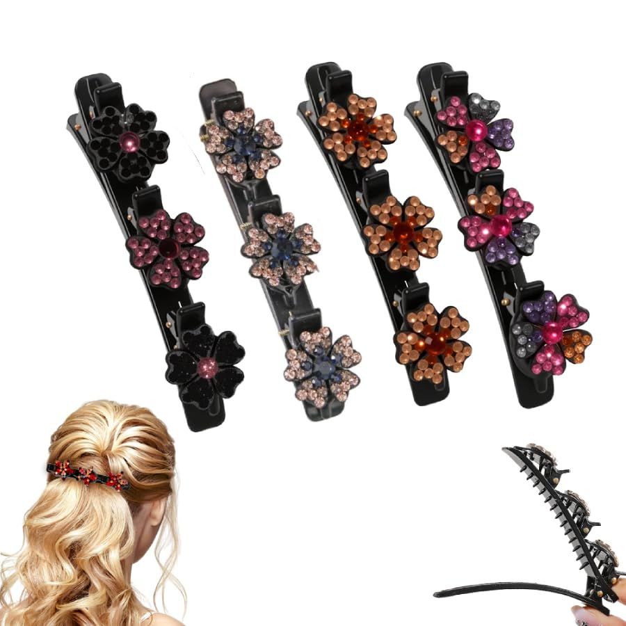 4 Pcs Sparkling Crystal Stone Braided Hair Clips for Women and Girls, 2026 New Hair Braid Clips Easily Braided Hair Bands, Shiny Rhinestone Hair Clip Duckbill Hairpin Flower
