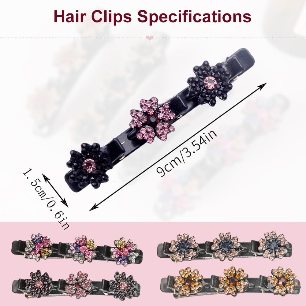 4 Pcs Sparkling Crystal Stone Braided Hair Clips for Women and Girls, 2026 New Hair Braid Clips Easily Braided Hair Bands, Shiny Rhinestone Hair Clip Duckbill Hairpin Flower
