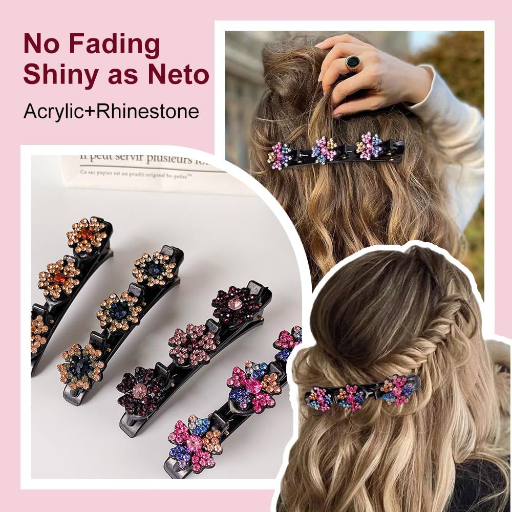4 Pcs Sparkling Crystal Stone Braided Hair Clips for Women and Girls, 2026 New Hair Braid Clips Easily Braided Hair Bands, Shiny Rhinestone Hair Clip Duckbill Hairpin Flower