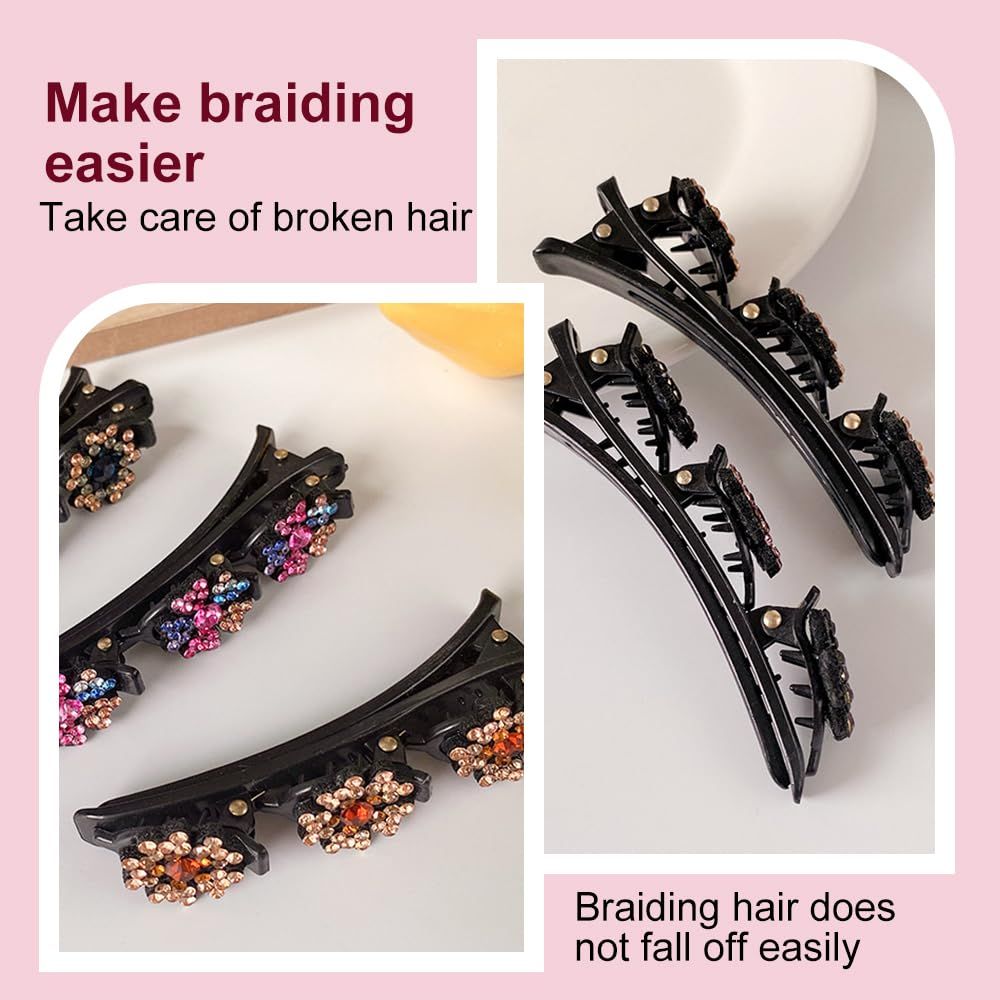4 Pcs Sparkling Crystal Stone Braided Hair Clips for Women and Girls, 2026 New Hair Braid Clips Easily Braided Hair Bands, Shiny Rhinestone Hair Clip Duckbill Hairpin Flower