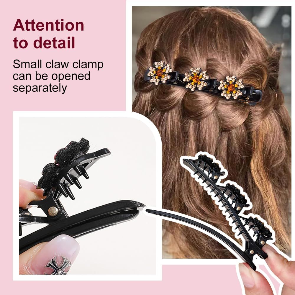 4 Pcs Sparkling Crystal Stone Braided Hair Clips for Women and Girls, 2026 New Hair Braid Clips Easily Braided Hair Bands, Shiny Rhinestone Hair Clip Duckbill Hairpin Flower