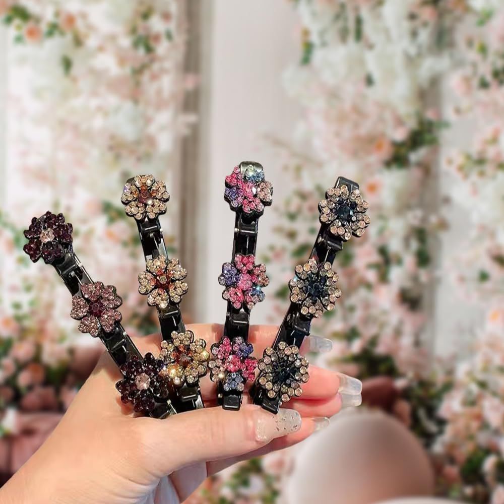 4 Pcs Sparkling Crystal Stone Braided Hair Clips for Women and Girls, 2026 New Hair Braid Clips Easily Braided Hair Bands, Shiny Rhinestone Hair Clip Duckbill Hairpin Flower