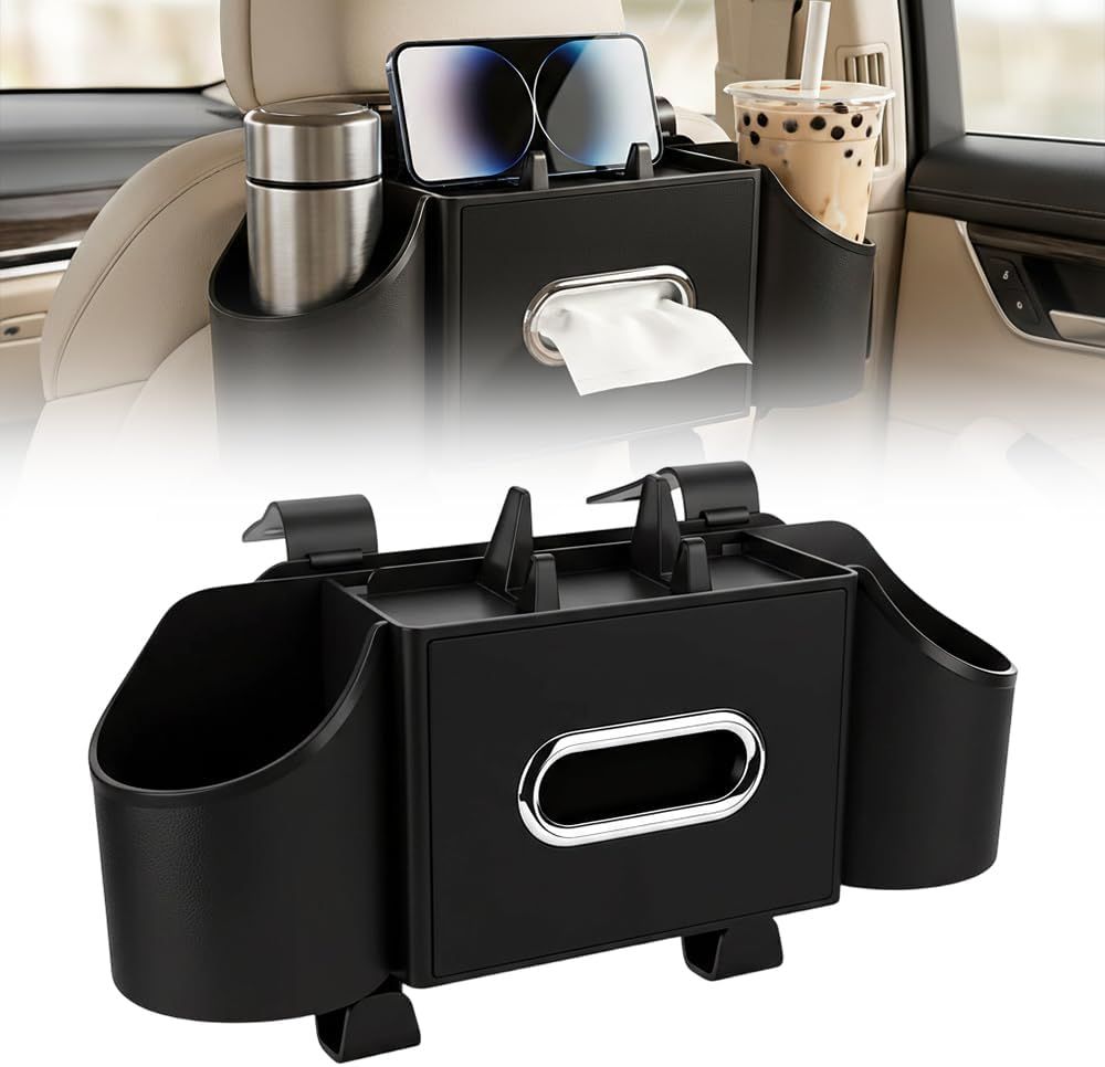 4-in-1 Car Backseat Organizer with Cup Holder, 2026 Upgraded Multifunctional Car Back Seat Organizer with Tissue Box, Trash Bin & Hooks for Hold Phones, Snacks, Drinks, and Handbags Black