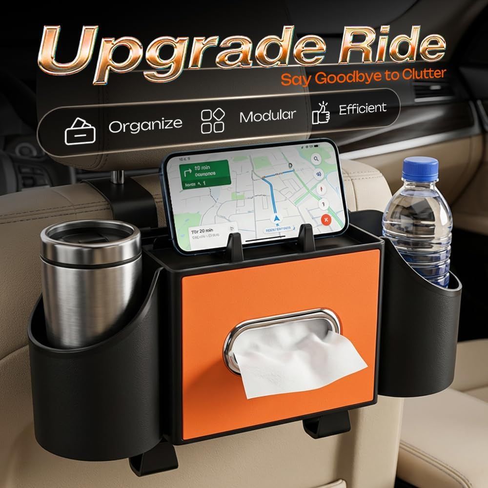 4-in-1 Car Backseat Organizer with Cup Holder, 2026 Upgraded Multifunctional Car Back Seat Organizer with Tissue Box, Trash Bin & Hooks for Hold Phones, Snacks, Drinks, and Handbags Black