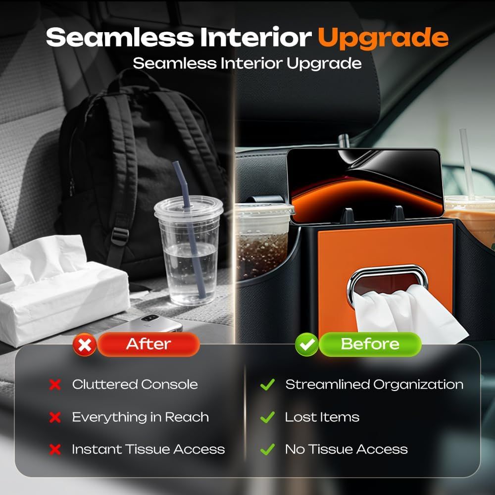 4-in-1 Car Backseat Organizer with Cup Holder, 2026 Upgraded Multifunctional Car Back Seat Organizer with Tissue Box, Trash Bin & Hooks for Hold Phones, Snacks, Drinks, and Handbags Black