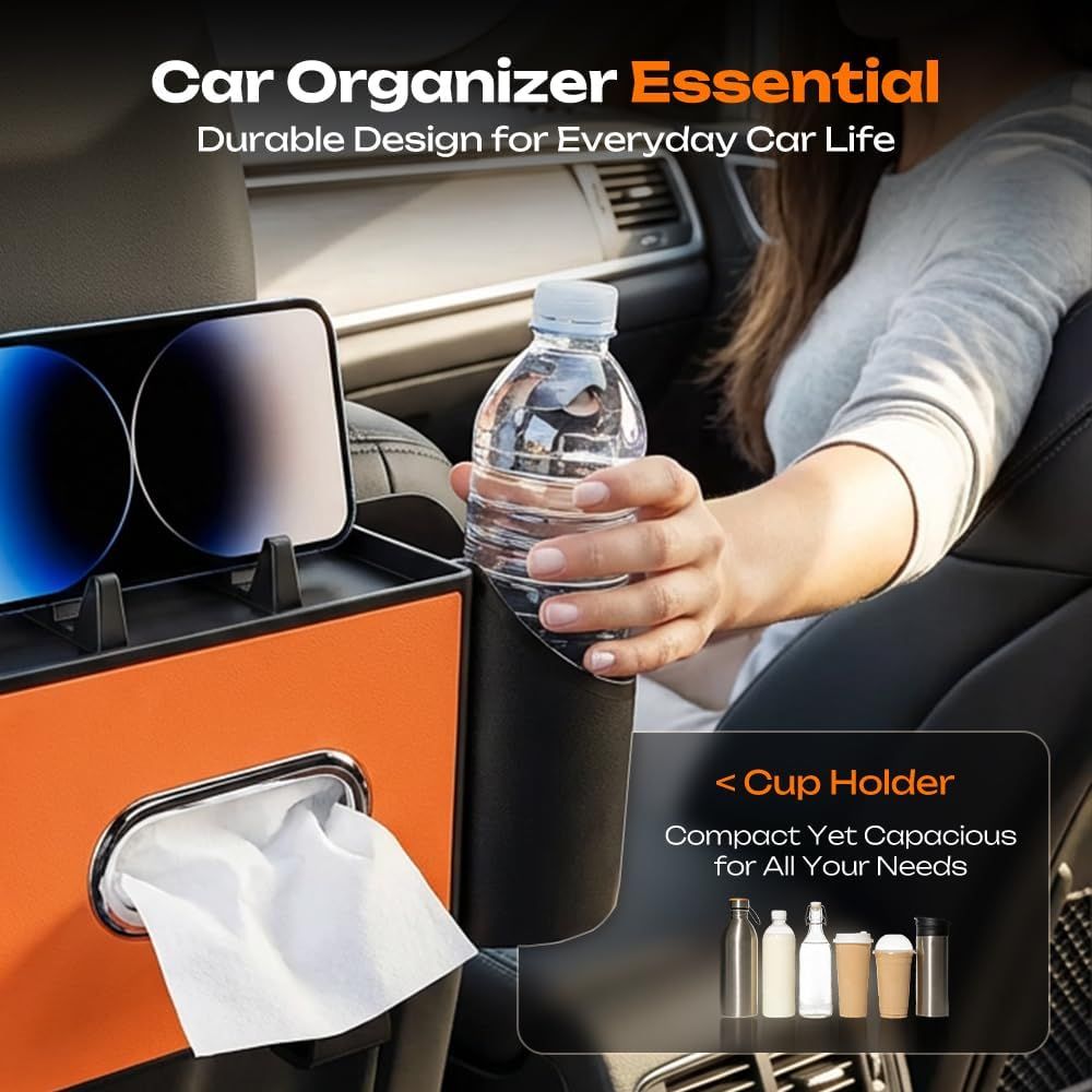 4-in-1 Car Backseat Organizer with Cup Holder, 2026 Upgraded Multifunctional Car Back Seat Organizer with Tissue Box, Trash Bin & Hooks for Hold Phones, Snacks, Drinks, and Handbags Black