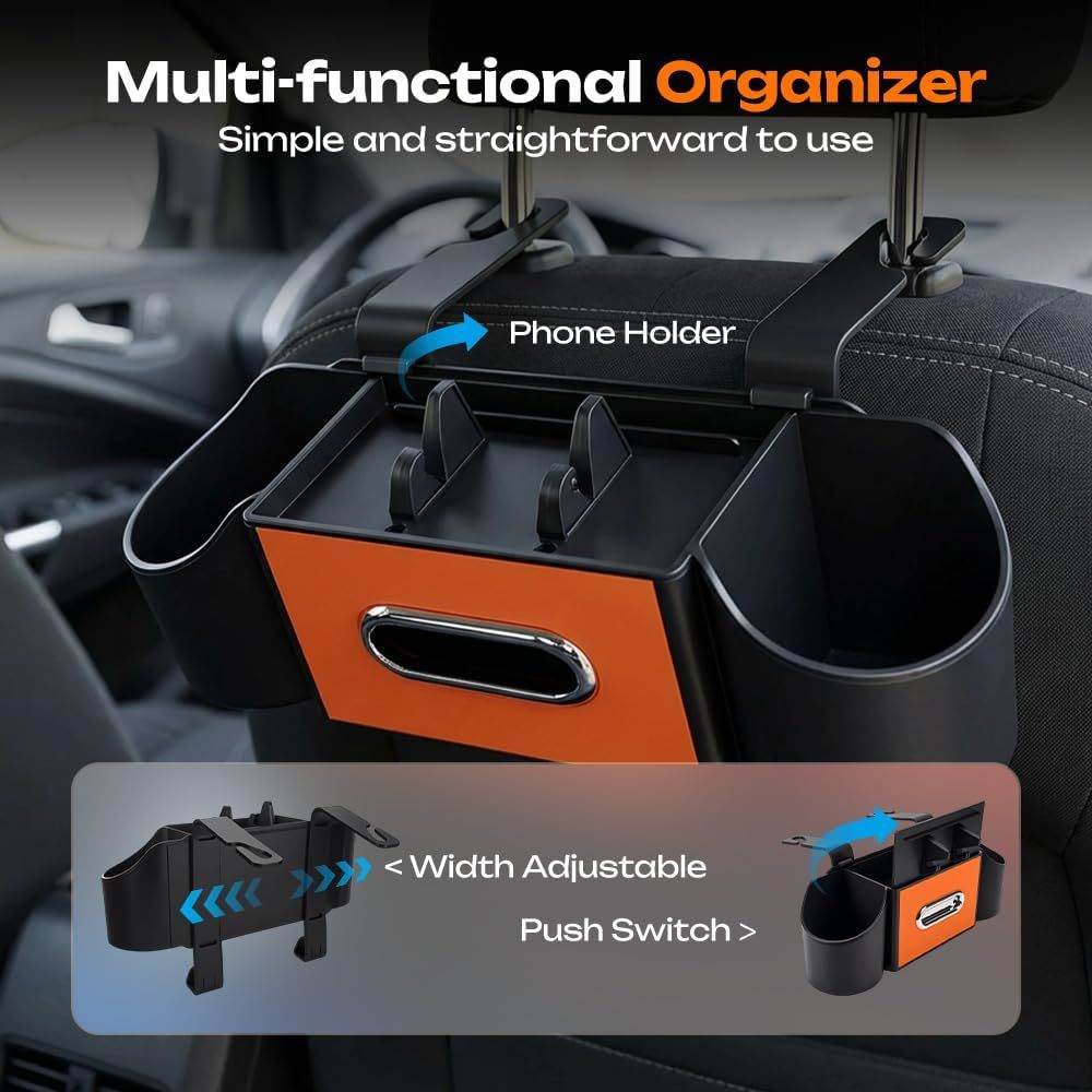 4-in-1 Car Backseat Organizer with Cup Holder, 2026 Upgraded Multifunctional Car Back Seat Organizer with Tissue Box, Trash Bin & Hooks for Hold Phones, Snacks, Drinks, and Handbags Black
