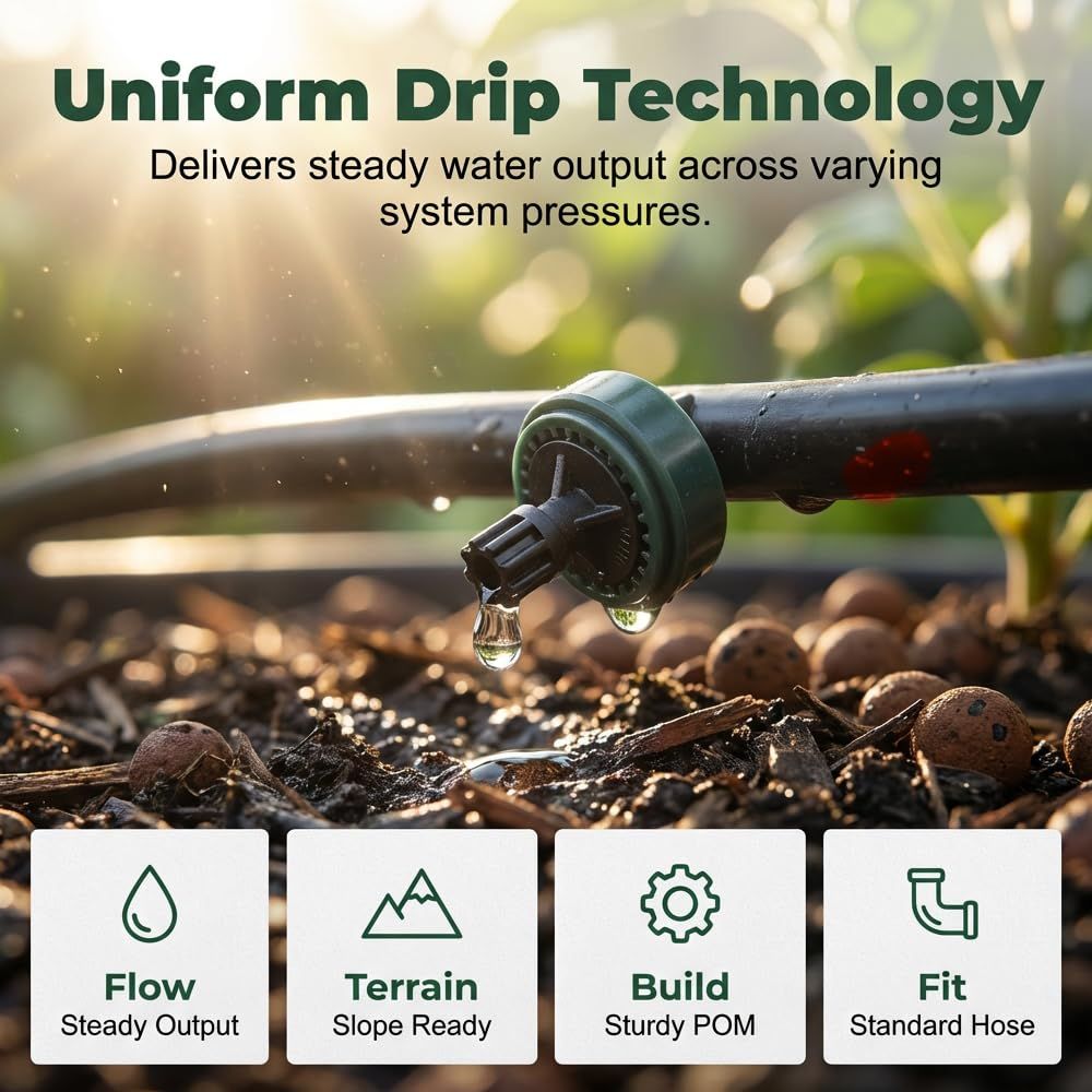 1 GPH Pressure Compensated Drippers Flow for Garden System, 2026 New Self-Cleaning Constant Flow Drippers Drip Irrigation Emitters System for 1/4 Inch Drip Irrigation Tubing 60, 1 GPH