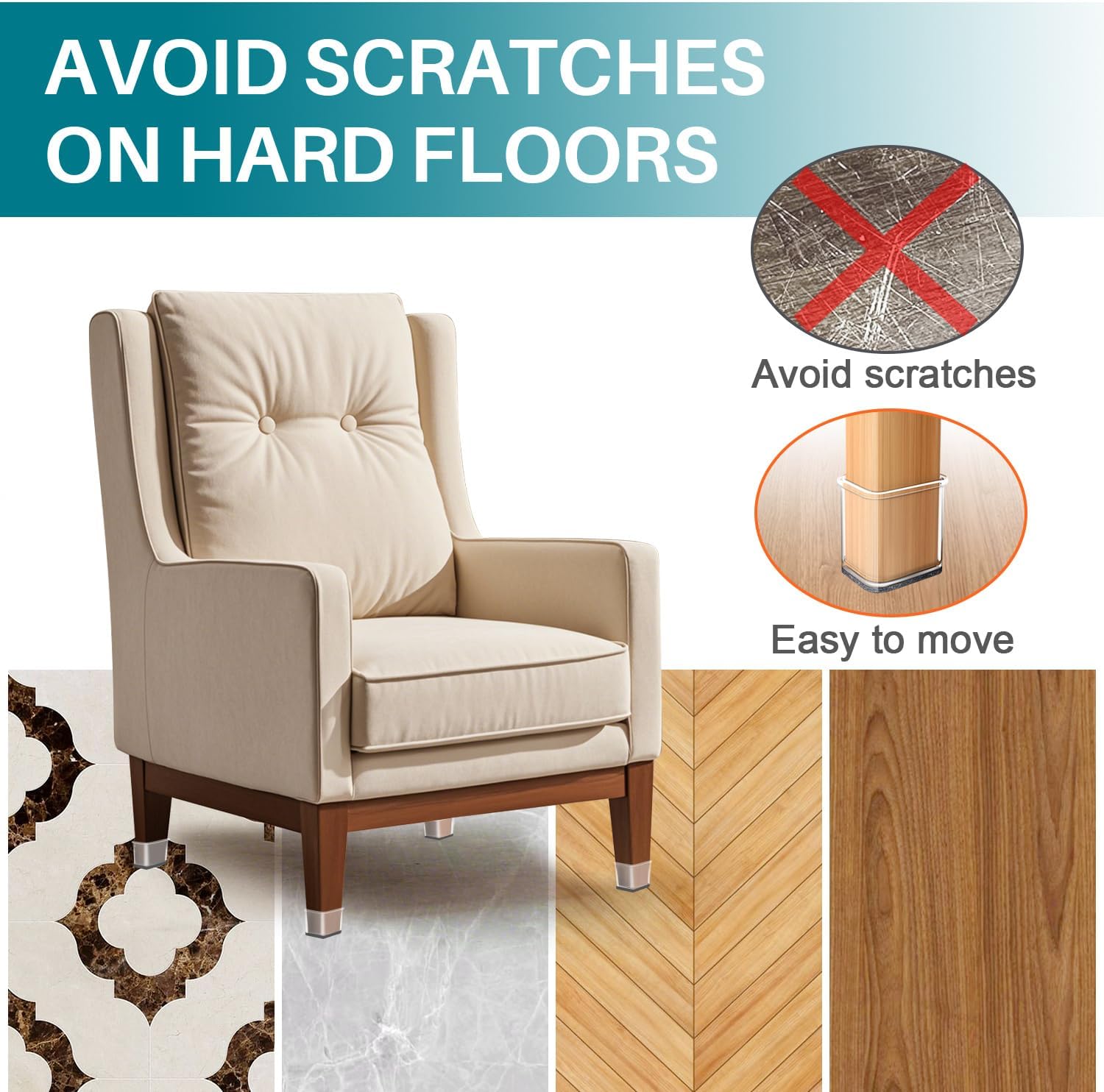 Ansible 24 Pcs Chair Leg Floor Protectors Square, Silicone Felt Furniture Leg Pads Caps Covers for Hardwood Floors Fit:1-1/16" to 1-5/8"