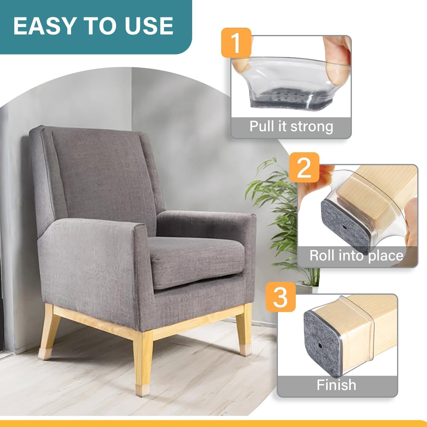 Ansible 24 Pcs Chair Leg Floor Protectors Square, Silicone Felt Furniture Leg Pads Caps Covers for Hardwood Floors Fit:1-1/16" to 1-5/8"