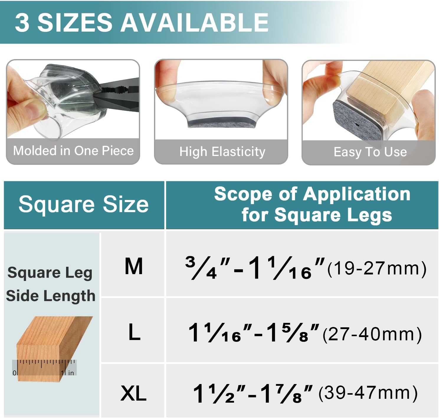 Ansible 24 Pcs Chair Leg Floor Protectors Square, Silicone Felt Furniture Leg Pads Caps Covers for Hardwood Floors Fit:1-1/16" to 1-5/8"