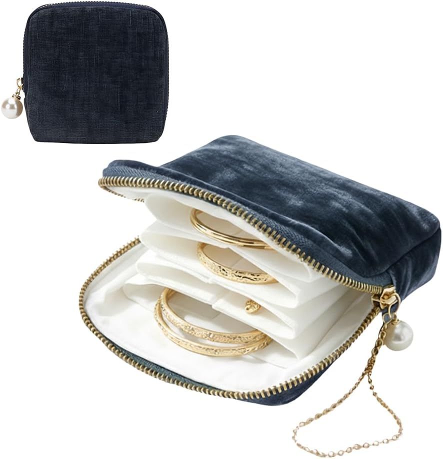 Travel Jewelry Case, Small Velvet Jewelry Pouch Bag with Zipper, Mini Portable Organizer for Earrings Rings Necklaces, Anti-Scratch Portable Storage Bag Smog Blue