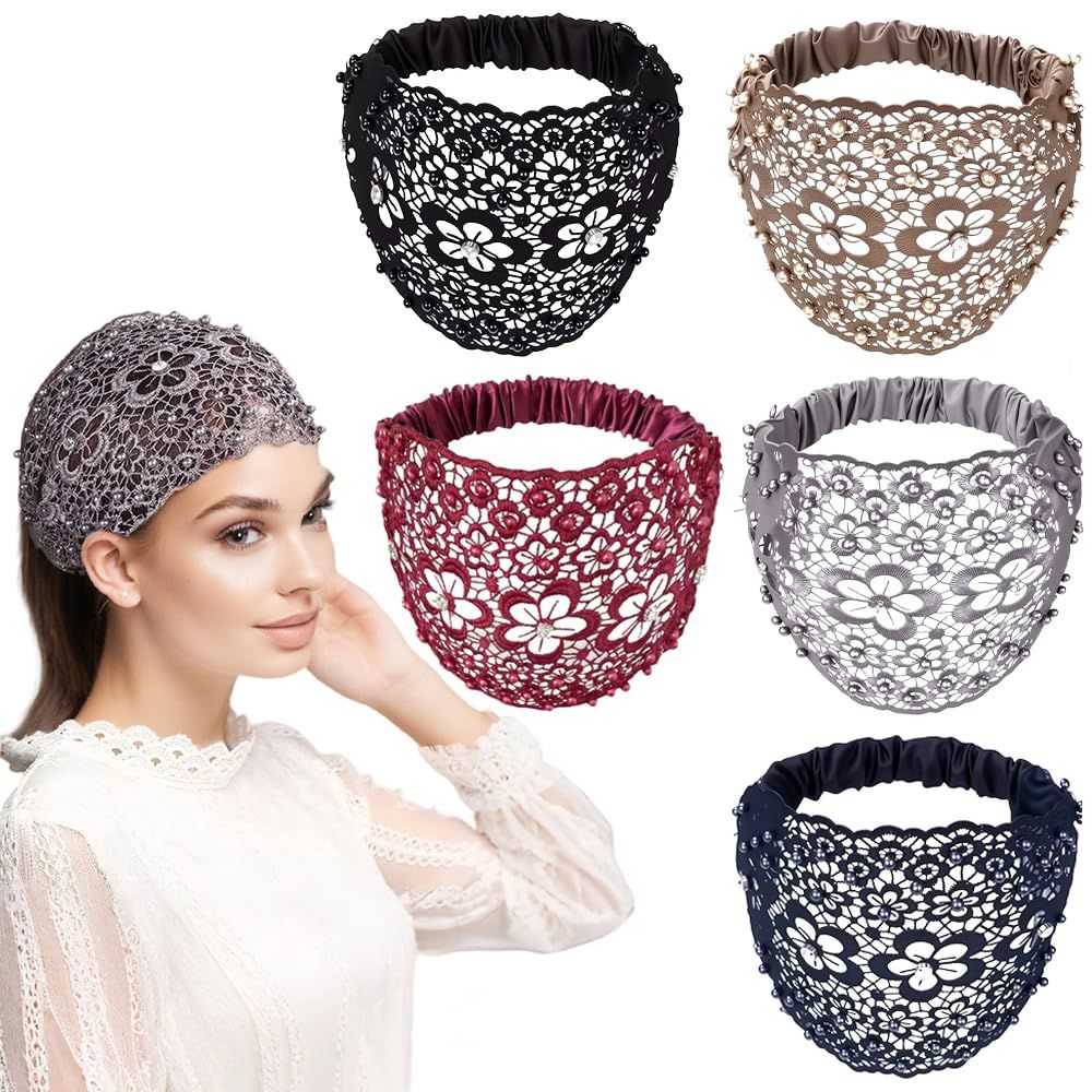 2025 New Elegant Floral Beaded Headbands for Women, Wide Lace Hair Bandanas, Boho Hair Accessories 5PCS, one size