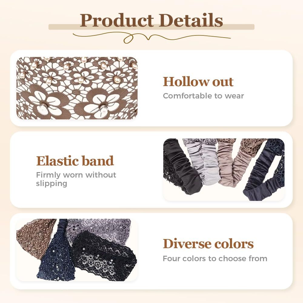 2025 New Elegant Floral Beaded Headbands for Women, Wide Lace Hair Bandanas, Boho Hair Accessories 5PCS, one size