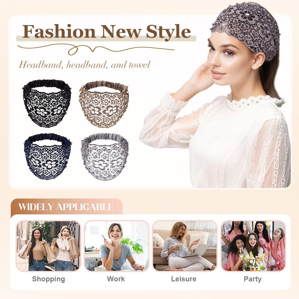 2025 New Elegant Floral Beaded Headbands for Women, Wide Lace Hair Bandanas, Boho Hair Accessories 5PCS, one size