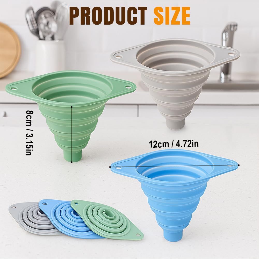 Kitchen Funnel Set 3 Pack, Collapsible Silicone Funnels for Filling Water Bottles & Small Bottles | Food-Grade, Easy Clean & Space-Saving Mix Colors