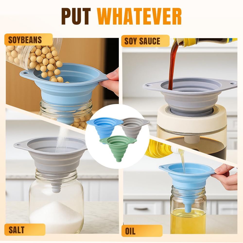 Kitchen Funnel Set 3 Pack, Collapsible Silicone Funnels for Filling Water Bottles & Small Bottles | Food-Grade, Easy Clean & Space-Saving Mix Colors