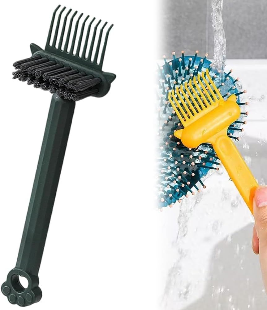2-in-1 Hair Brush Cleaner Tool, Effortlessly Removes Hair & Dust from Combs, Mini Cleaning Rake with Pick & Bristles for Home and Salon Use Green