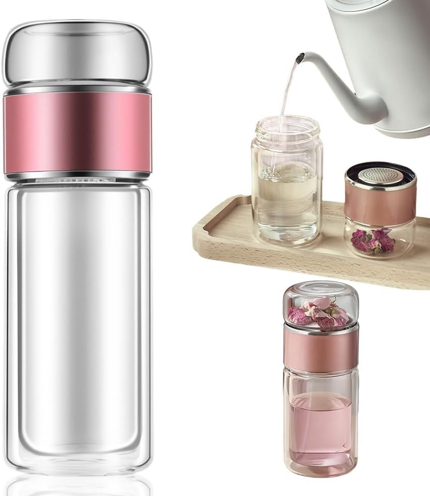 Double Walled Glass Tea Tumbler with Infuser, 17 Oz/500ml Portable Tea Infuser Bottle with Stainless Steel Filter rose gold, 500, Milliliters