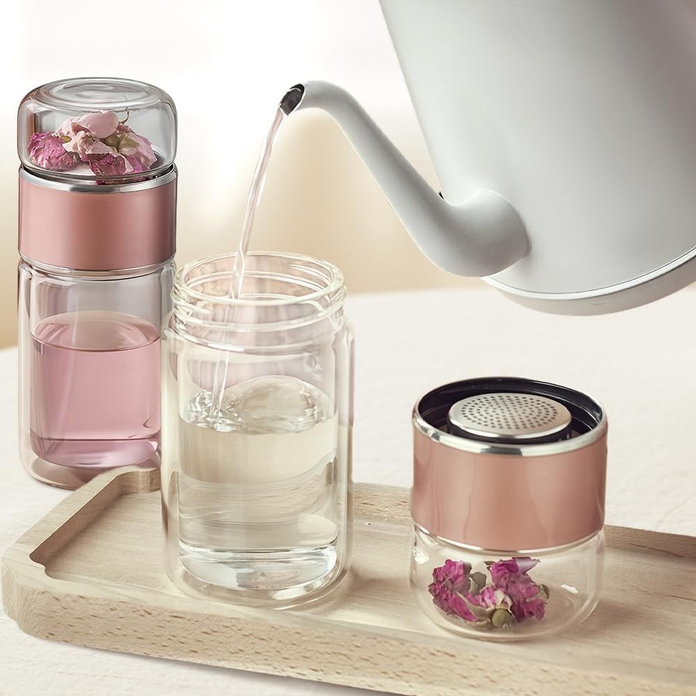 Double Walled Glass Tea Tumbler with Infuser, 17 Oz/500ml Portable Tea Infuser Bottle with Stainless Steel Filter rose gold, 500, Milliliters