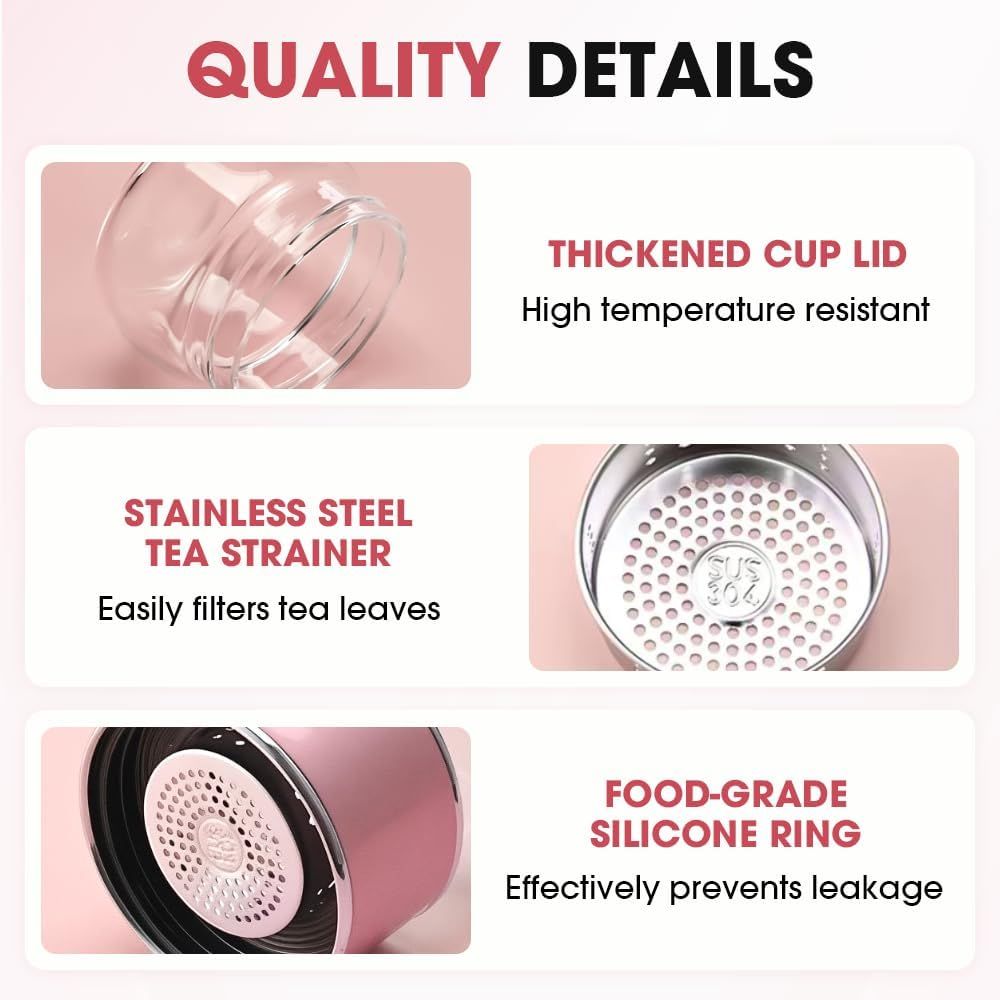 Double Walled Glass Tea Tumbler with Infuser, 17 Oz/500ml Portable Tea Infuser Bottle with Stainless Steel Filter rose gold, 500, Milliliters