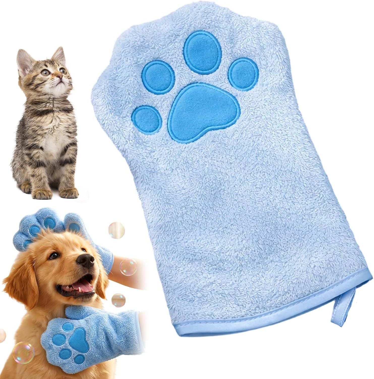 Paw Bathing Towel for Cats Puppy, Machine-Washable Reusable Pet Grooming Towel - Soft, Absorbent Quick-Dry Bath Mitt for Dirt Odor Removal, Daily Care & Travel Blue